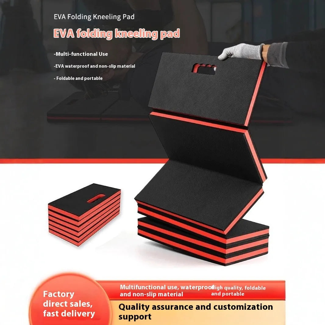 Large blue folding EVA foam kneeling mat for car repair and gardening, shown unfolded and folded.