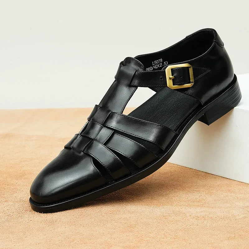 Men's black genuine leather retro business sandals with rubber sole showing size tag
