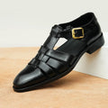 Men's black genuine leather retro business sandals with rubber sole showing size tag