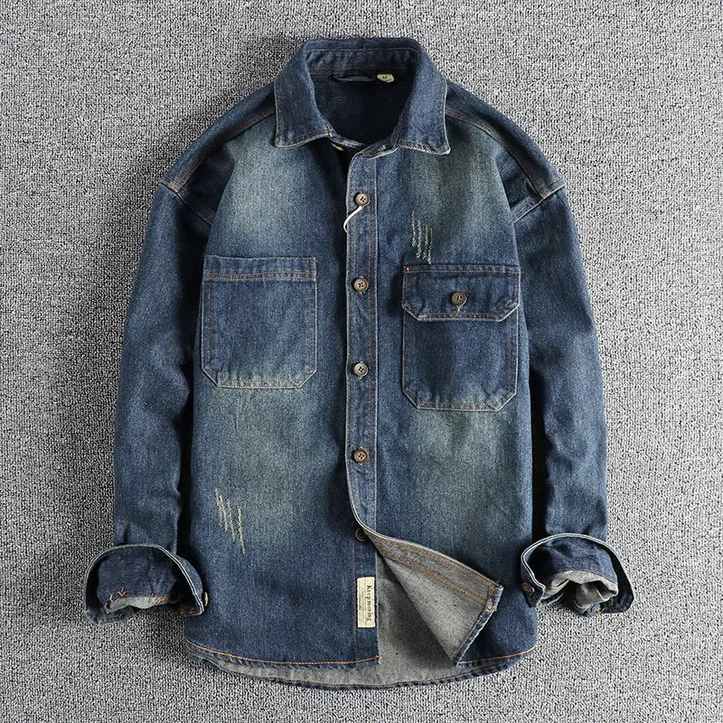 Men's light blue vintage washed denim shirt with long sleeves and loose cardigan fit