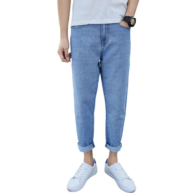 Men's loose fit straight leg cotton jeans in black or blue for casual spring autumn wear