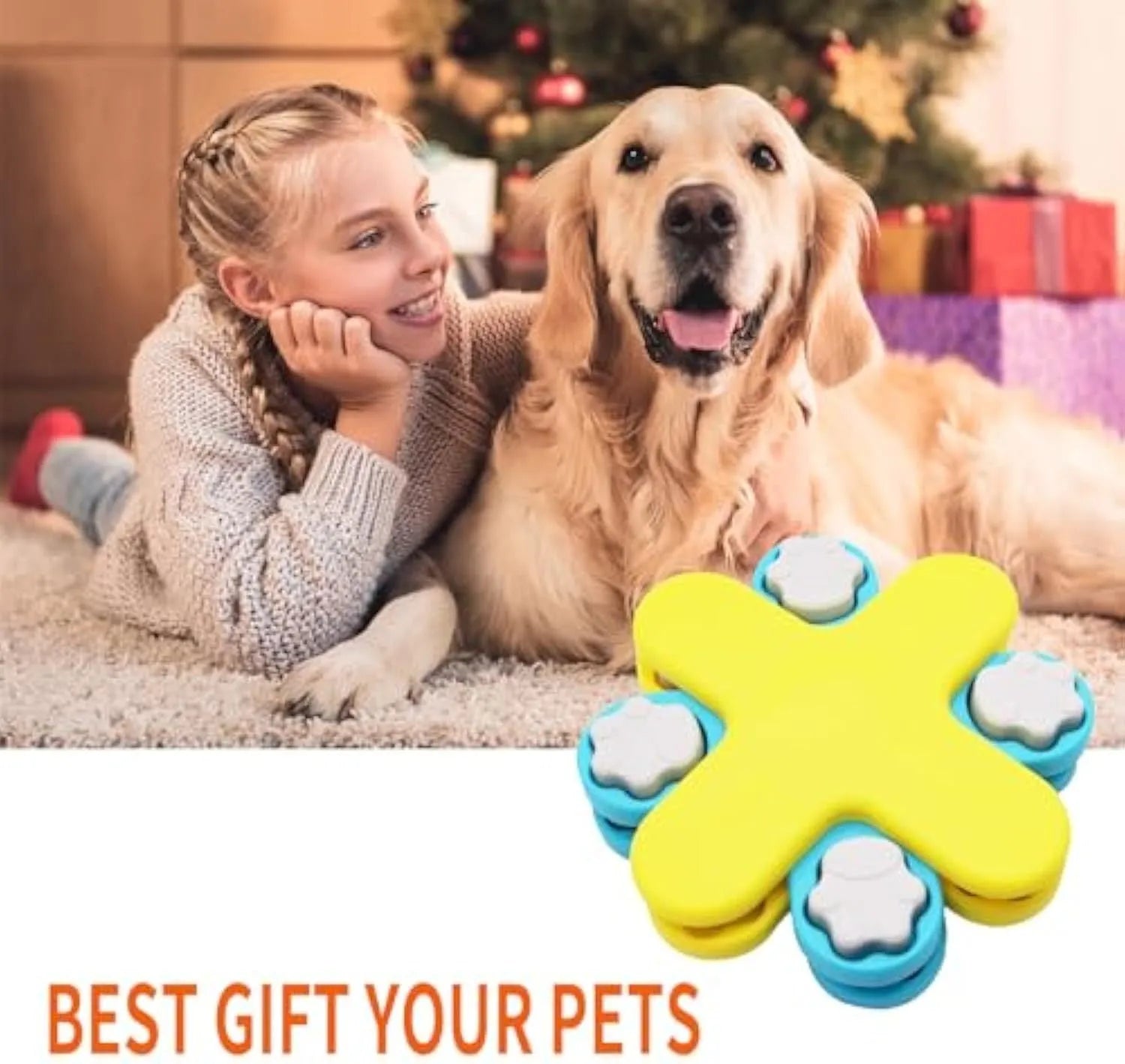 Yellow three-layer rotating dog puzzle slow feeder with claw-shaped lids on a non-slip base.