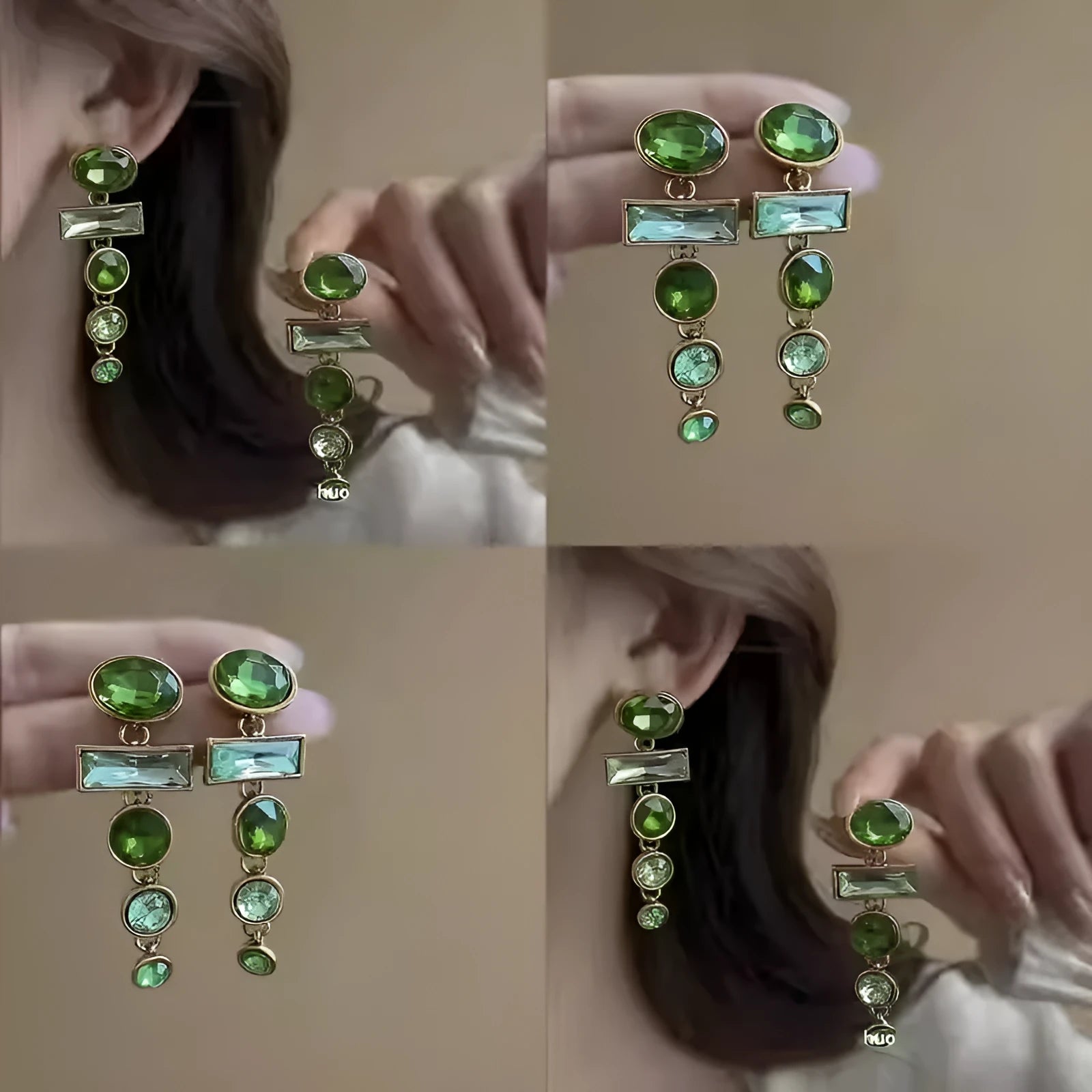 A pair of retro green gradient alloy earrings with a geometric tassel shape and inlaid zircon details.