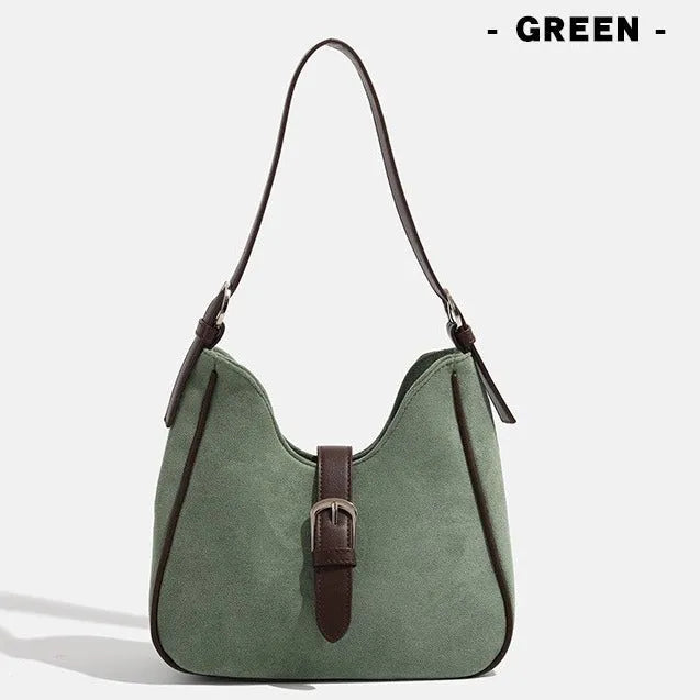 Retro suede leather underarm shoulder bag in brown with double straps, large capacity portable design