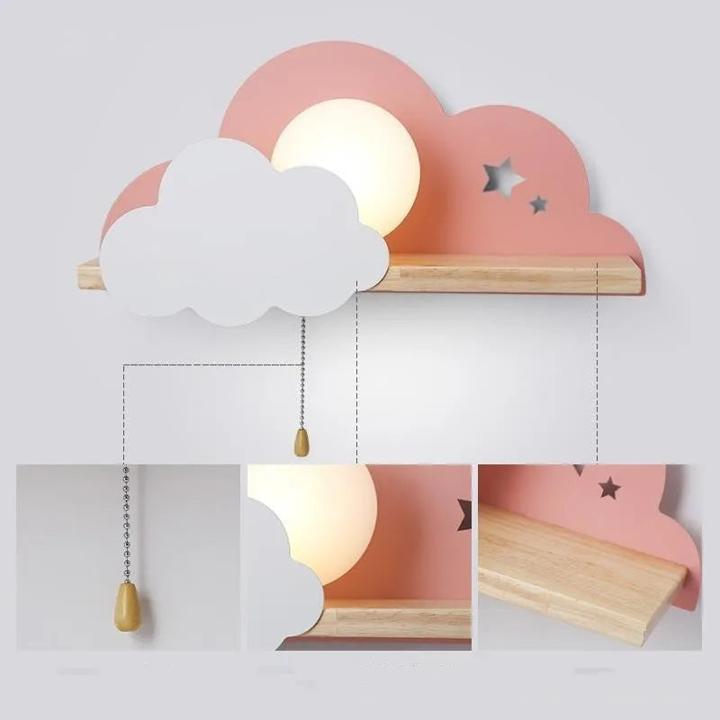 Cloud shaped bedside wall lamp with glass lampshade mounted on wall
