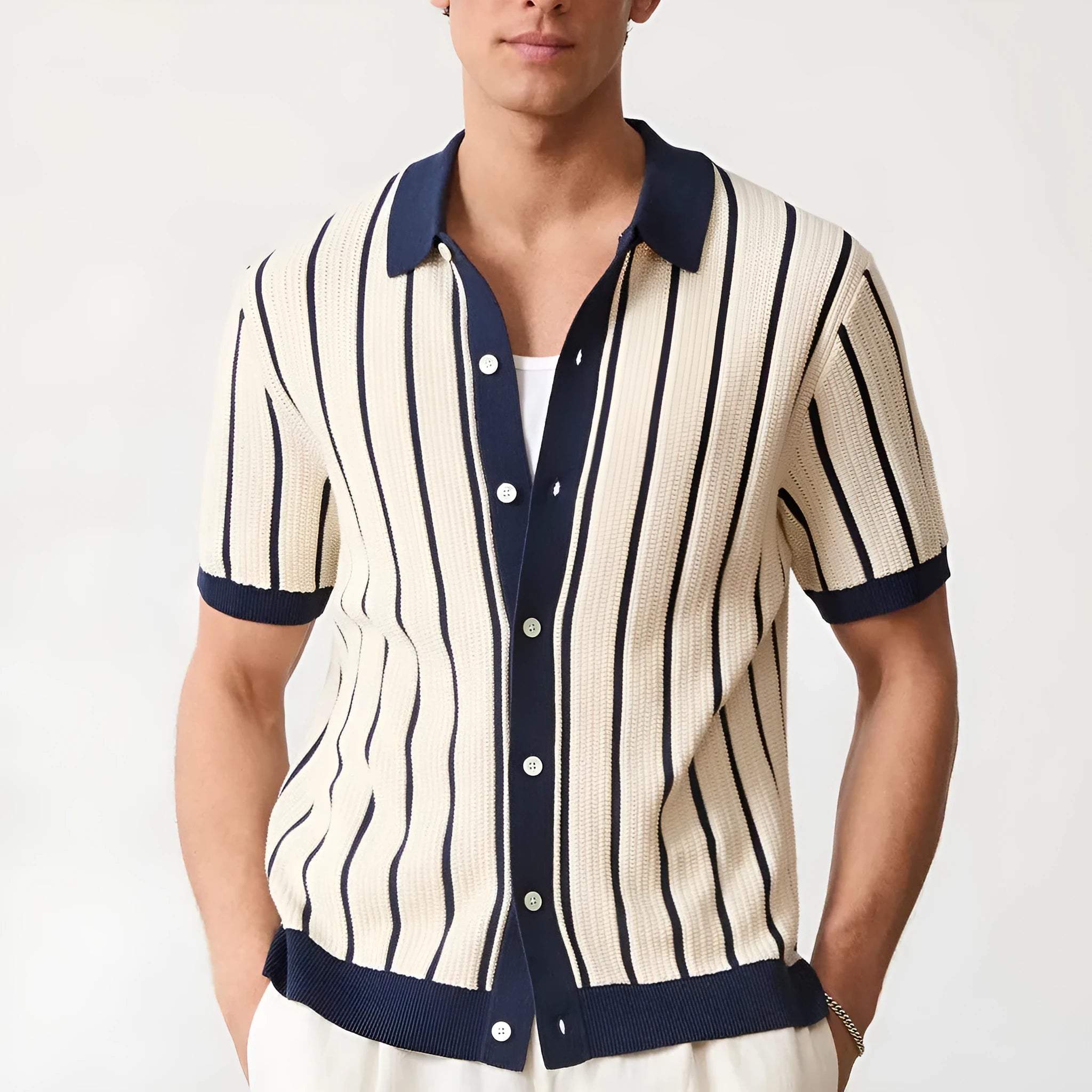 Men's white asymmetric striped knitted short sleeve top with a lapel collar