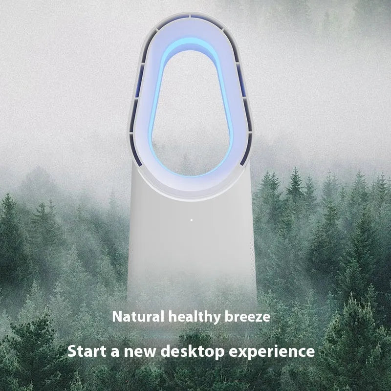 White SK bladeless tower fan with touch screen controls, suitable for floor or desktop use