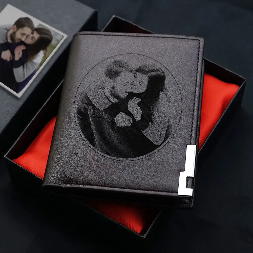 Leather men's wallet with zipper closure shown individually packaged as gift accessory