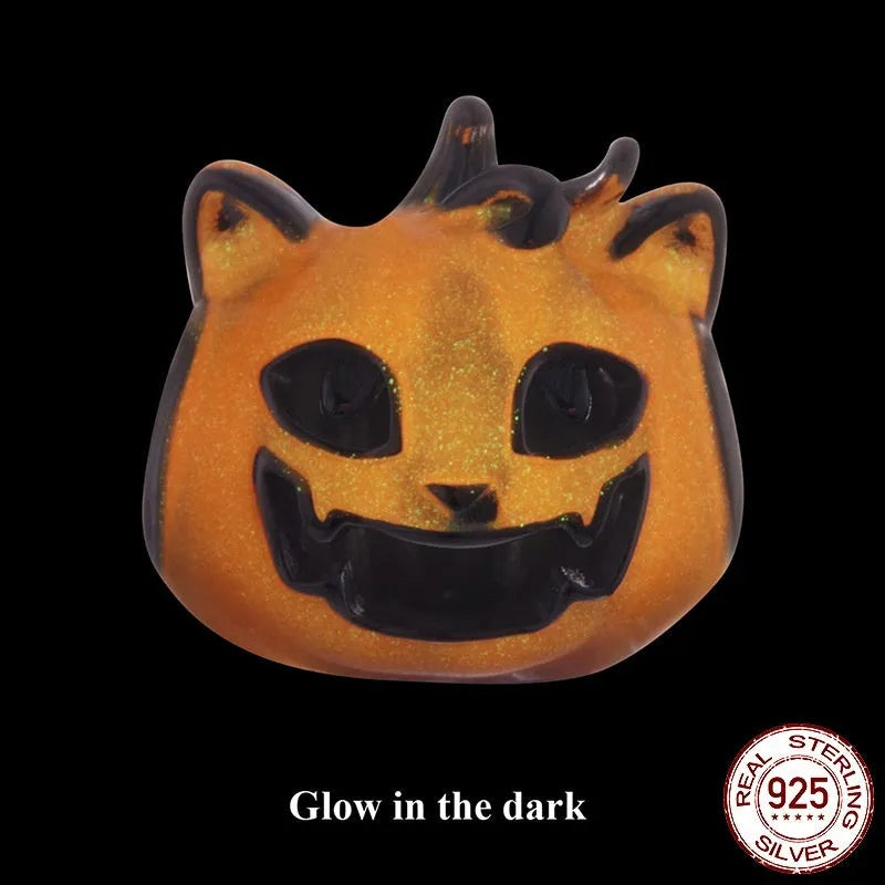 Halloween luminous oil dripping pumpkin cat bead in 925 sterling silver, height 1.2 cm width 1.1 cm