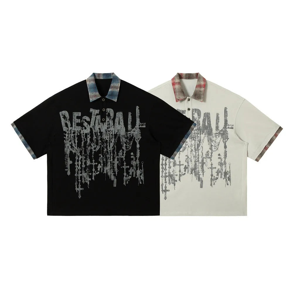 Men's loose asymmetric short-sleeve top with a lapel graffiti print in cotton.