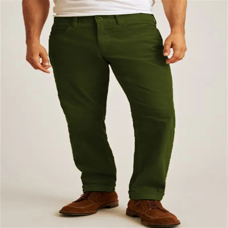 Corduroy loose fit straight-leg casual trousers in Army Green colour on a hanger.