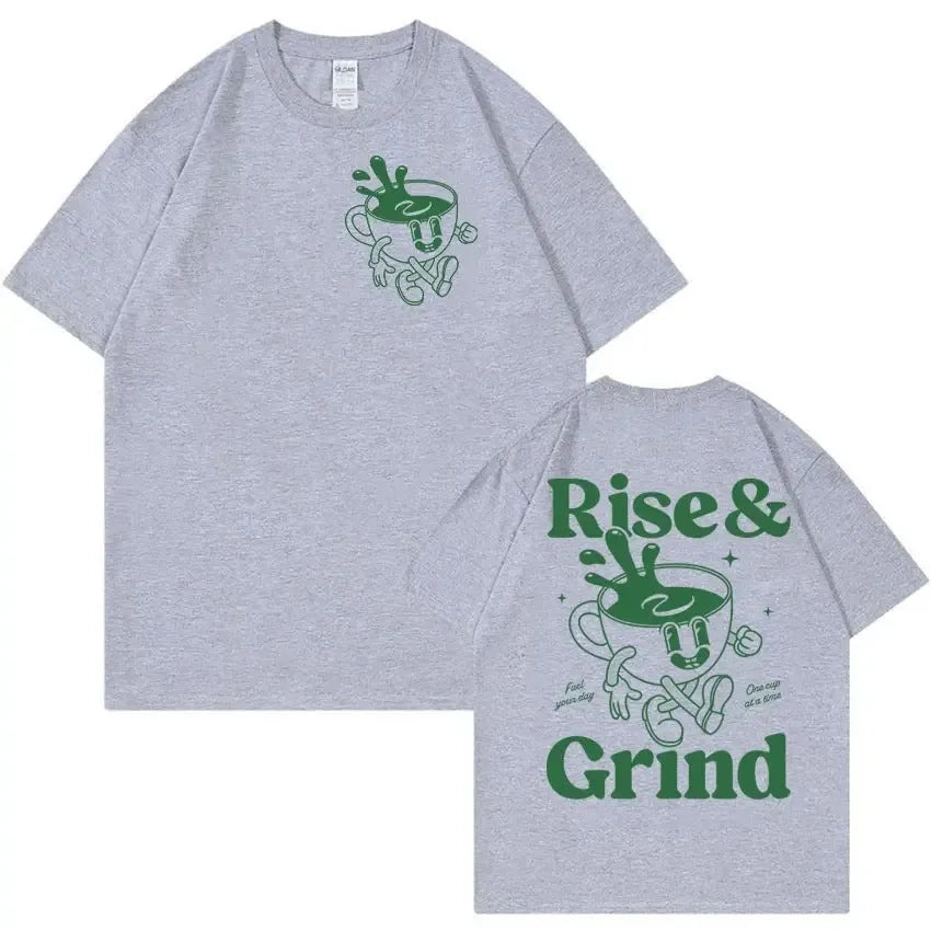 Rise And Grind Green Coffee fun expression printed on a loose-fit linen blend cartoon t-shirt.