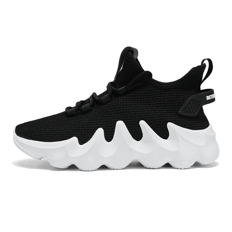 Men's black sock-like low-top sport shoes with a flat heel and round toe on a white background.