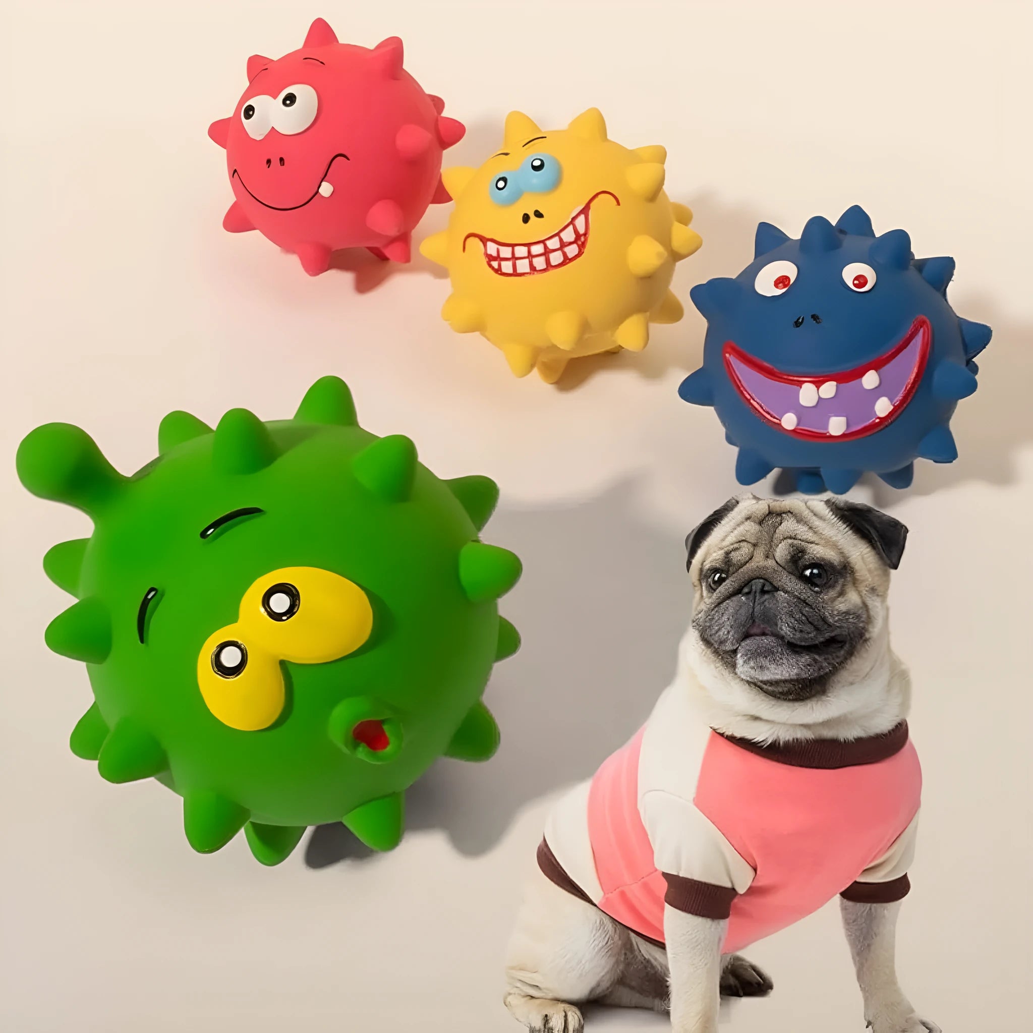 Four coloured natural latex squeaky dog balls with bumpy texture and cute faces