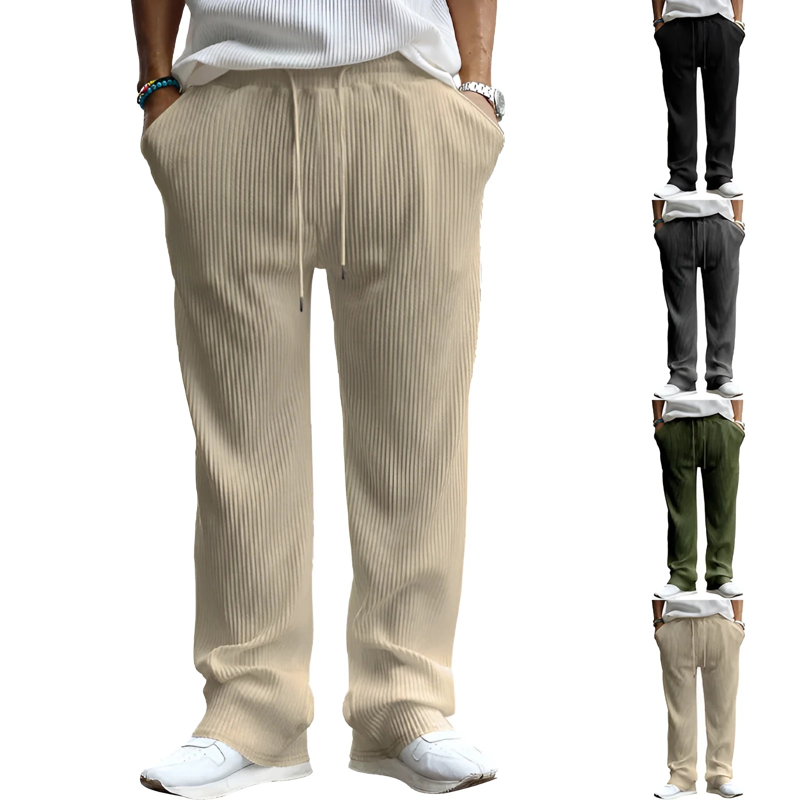 Man wearing loose high-waisted straight-leg casual trousers in a striped pattern.