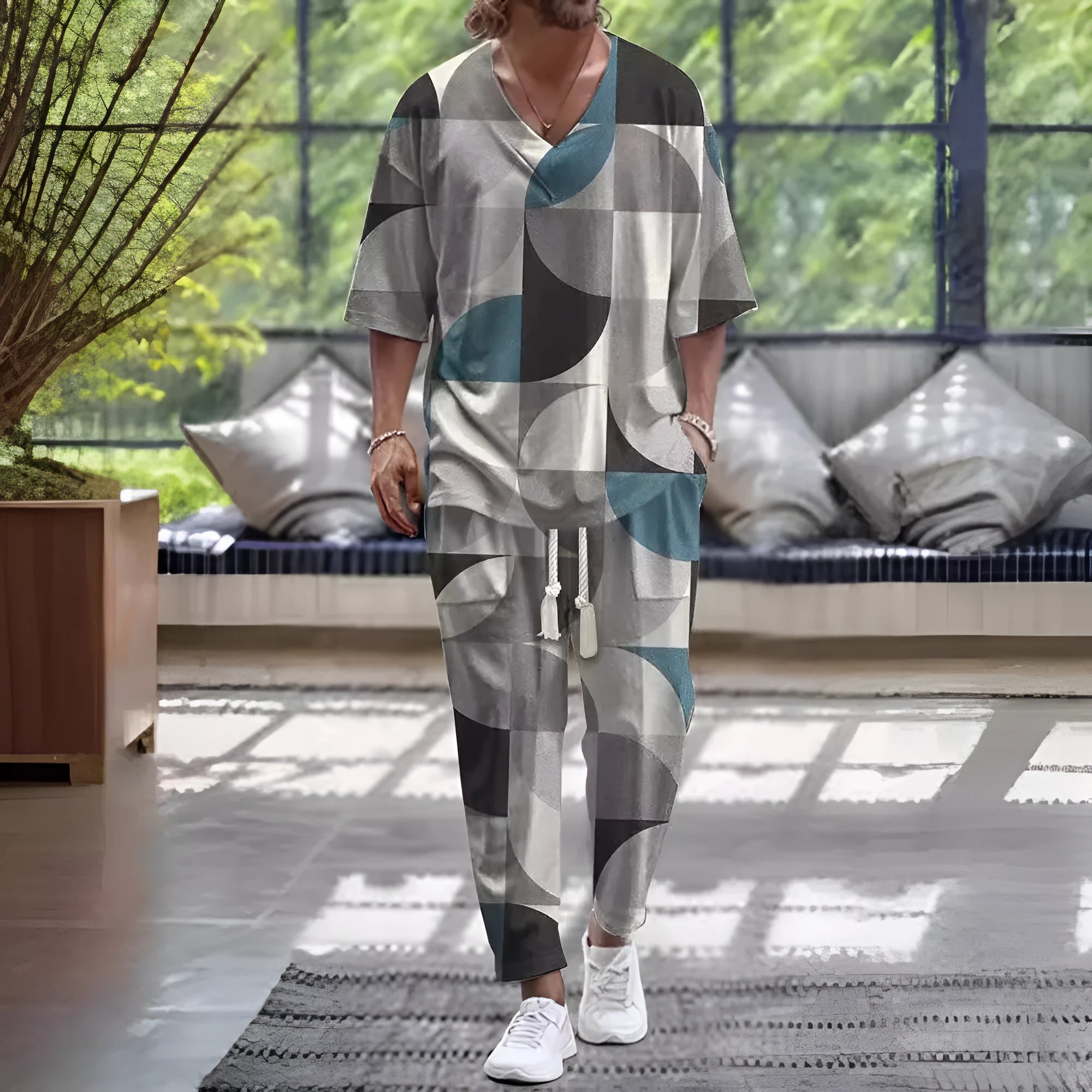 A women's polyester trousers suit set with a V-neck cropped sleeve jacket and matching trousers.