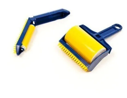 Yellow and green portable washable lint roller for removing pet hair from fabrics.