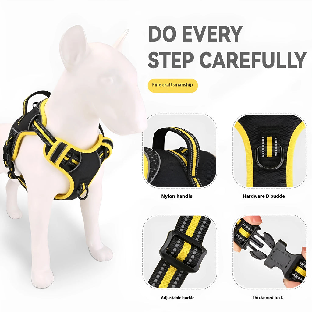 Yellow polyester dog harness with attached traction strap for outdoor control.