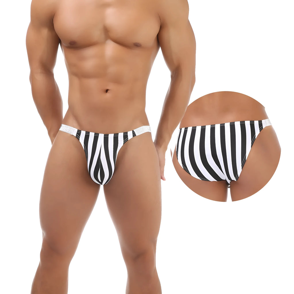 Men's zebra stripe nylon briefs with U pouch design and low waist cut