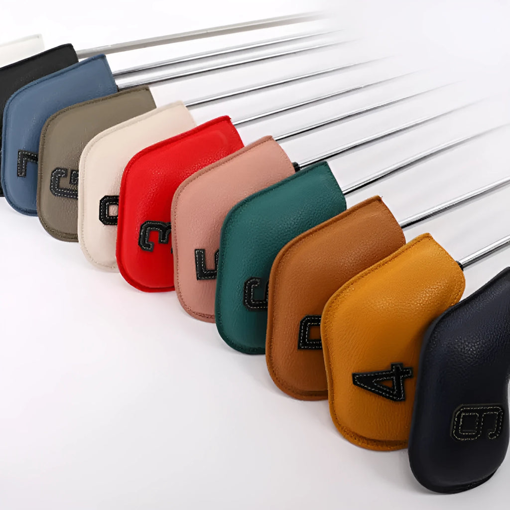Set of 10 assorted digitally printed PU golf club head covers for protection and gifting.