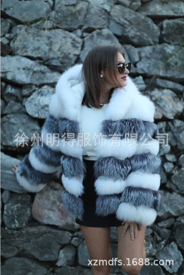 Women's mid-length artificial fur coat with a detachable hood in silver fox white or brown.