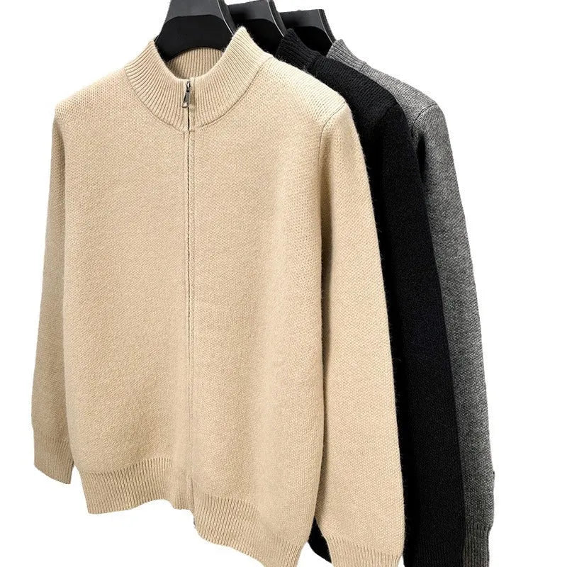 Men's black knitted zipper cardigan with stand collar shown in loose fit