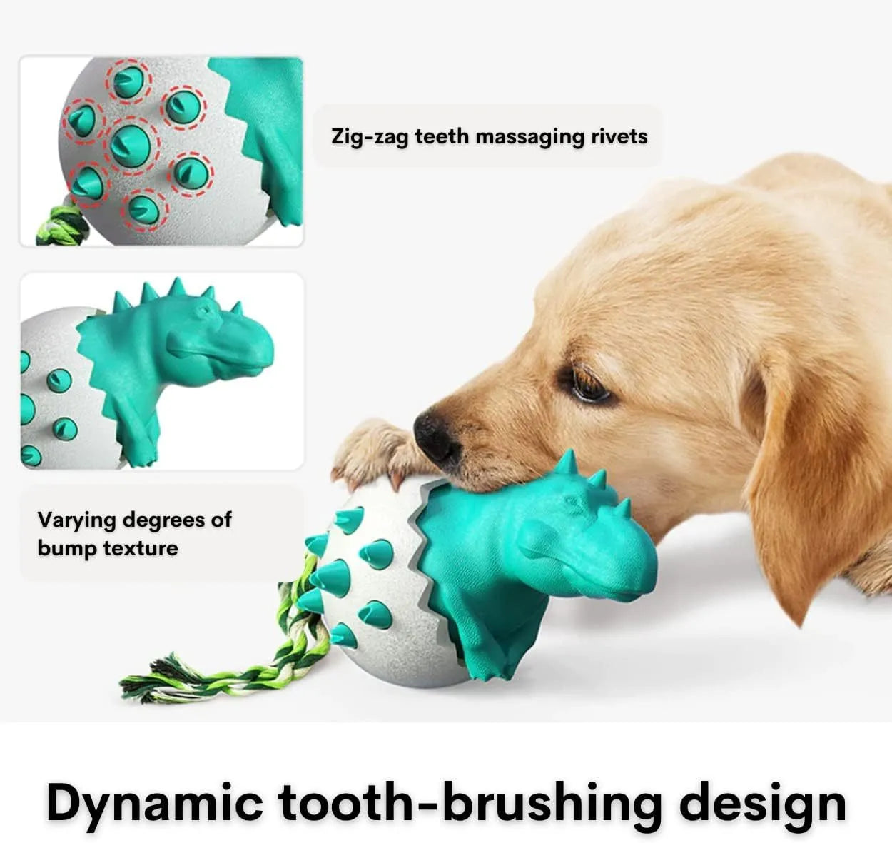 Blue durable dinosaur-shaped dog chew toy with textured surface and attached rope for tug of war.