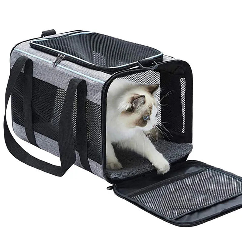 Grey and blue edge Oxford fabric pet carrier bag measuring 44 by 29 by 5 centimetres