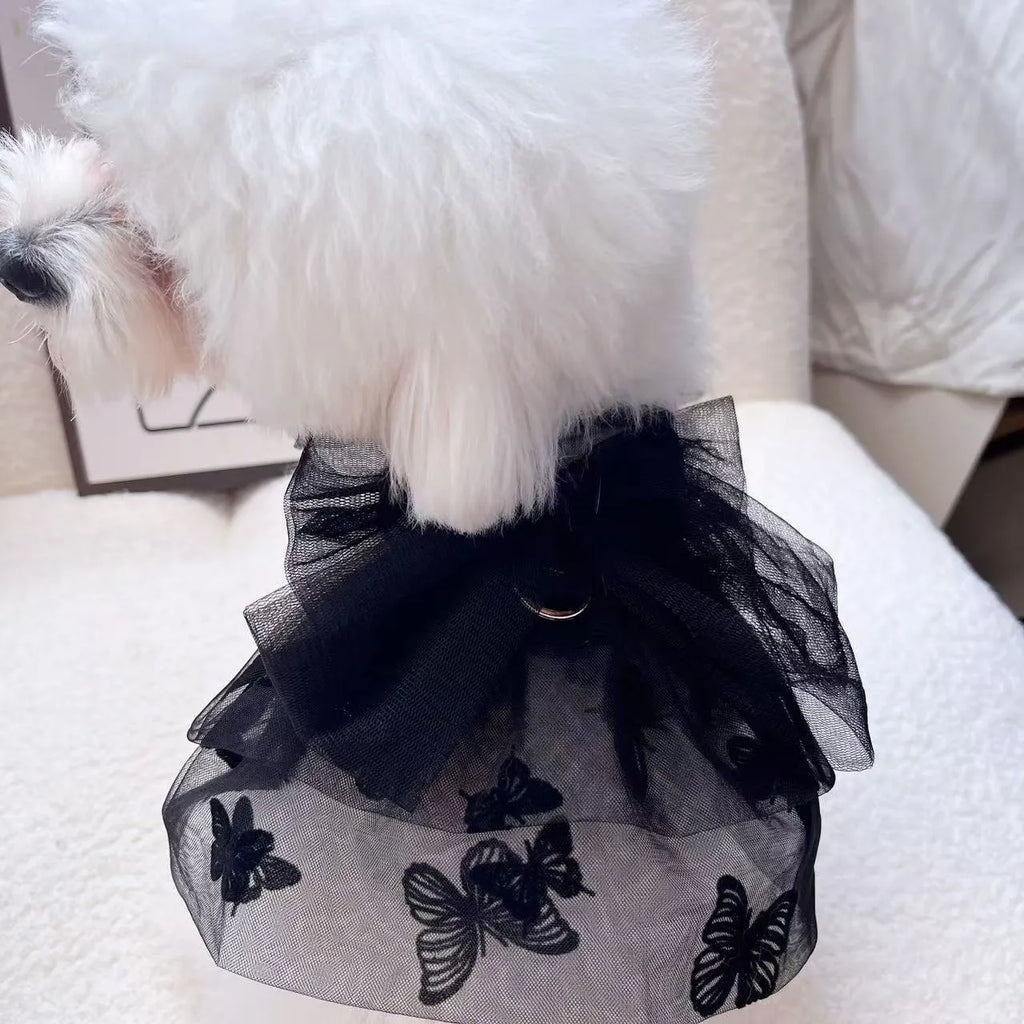 Black gauze tulle princess skirt costume on a small dog, showing the layered skirt and fitted bodice.