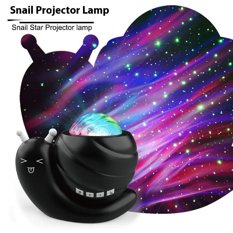 Snail-shaped starry sky projection lamp in blue colour with remote control on white background