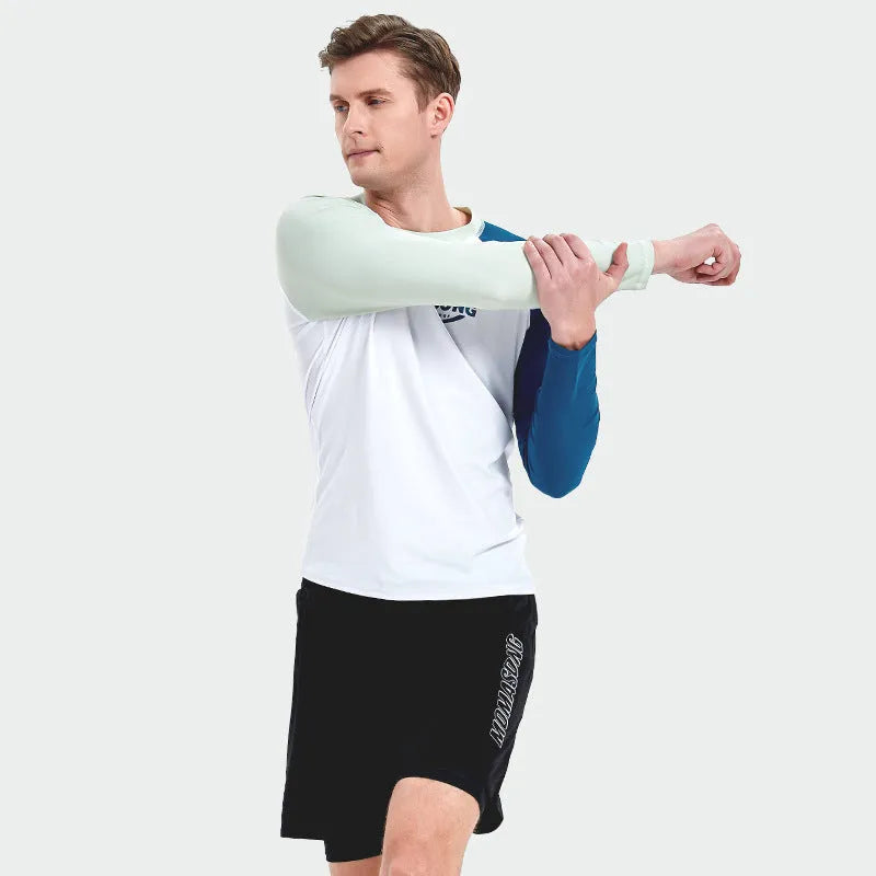 Men's white long-sleeved swim top and pants set for swimming and surfing.