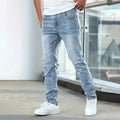 Men's slim-fit stretch jeans in dark blue on a neutral background.