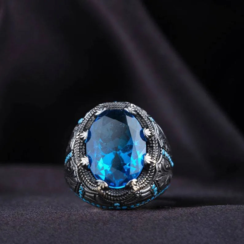 Geometric blue zircon centrepiece grandmother ring in antique silver finish