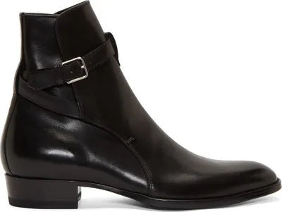 Men's pointed-toe leather martin boots with buckle fastening and leather stitching, brown matte finish