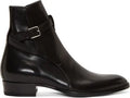 Men's pointed-toe leather martin boots with buckle fastening and leather stitching, brown matte finish