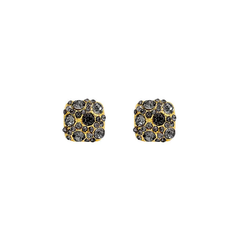 Pair of black full diamond micro inlaid zircon square earrings in E6449 gold for women, geometric chamfered style