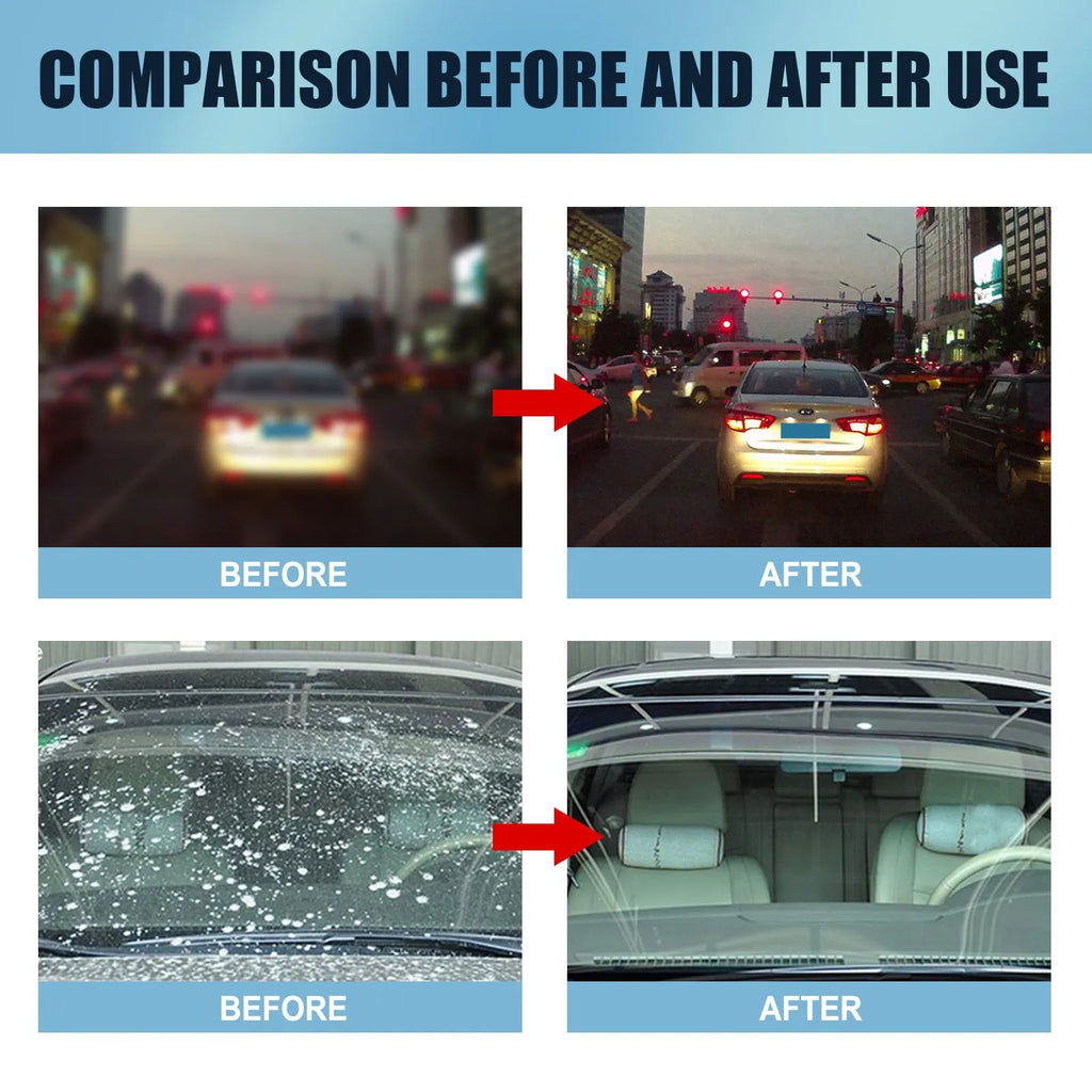 Blue car glass oil film remover tool and soft sponge brush for cleaning windshields and windows.