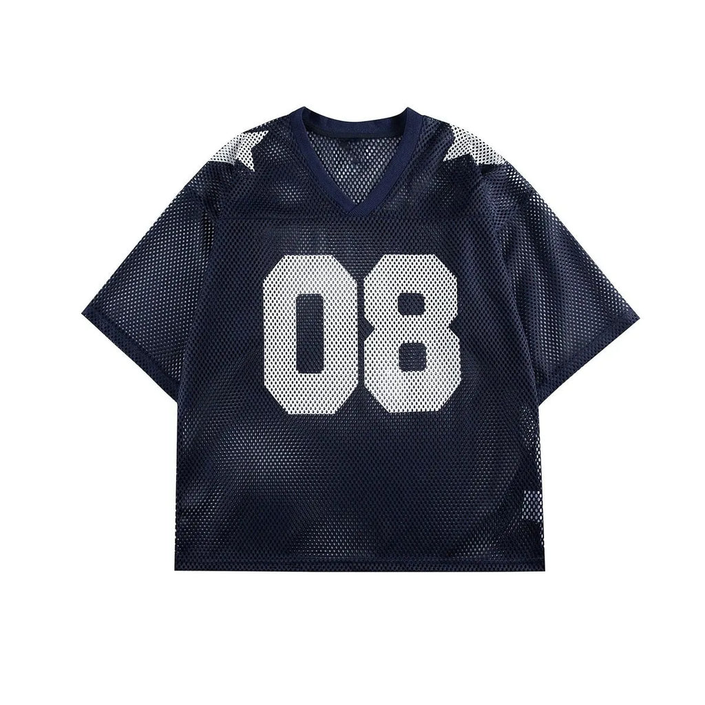 Black and navy blue half sleeve shirt with letter pattern, loose-fitting polyester pullover