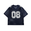 Black and navy blue half sleeve shirt with letter pattern, loose-fitting polyester pullover