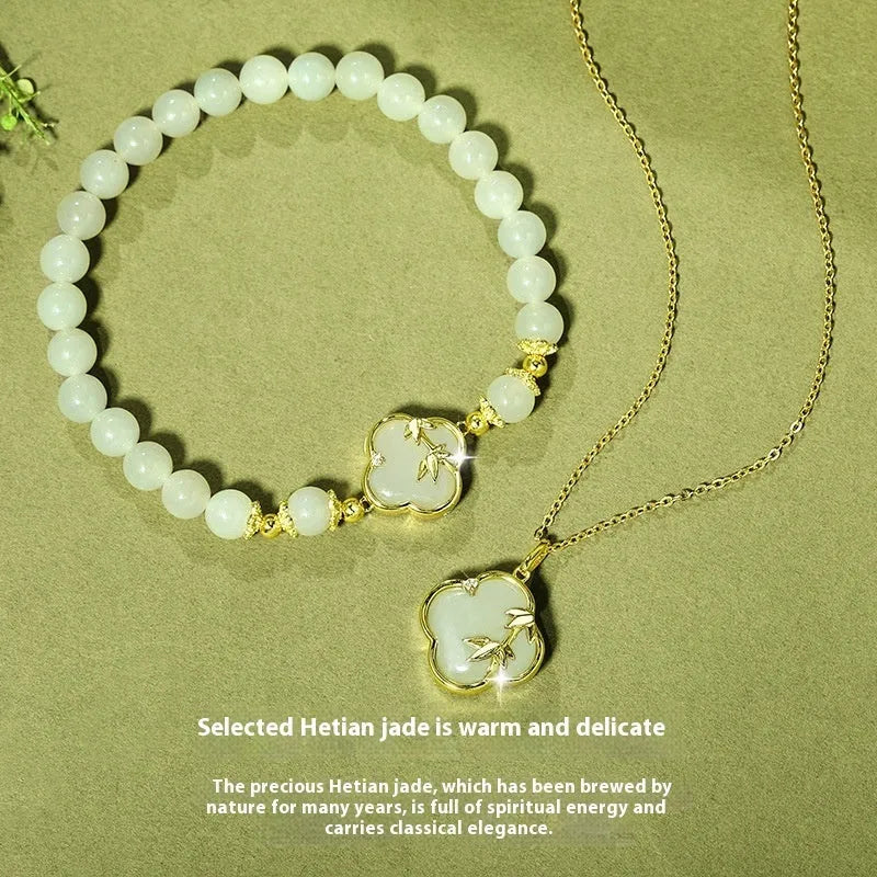 Hetian jade inlaid leaves design bracelet and necklace set in bamboo newspaper tone