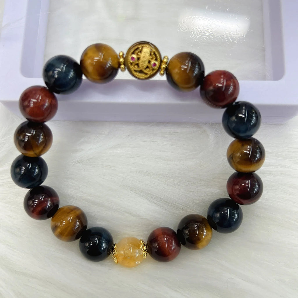 Natural tiger eye stone bracelet with loose round beads in Maillard style, 18cm length