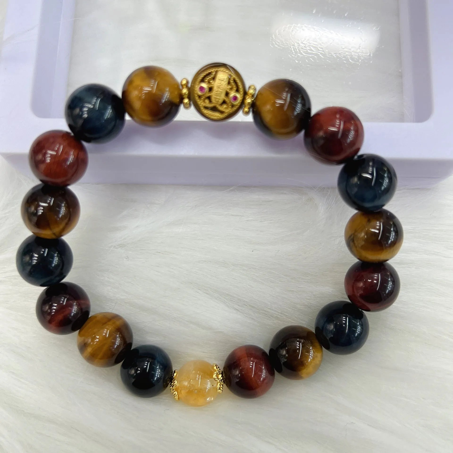 Natural tiger eye stone bracelet with loose round beads in Maillard style, 18cm length