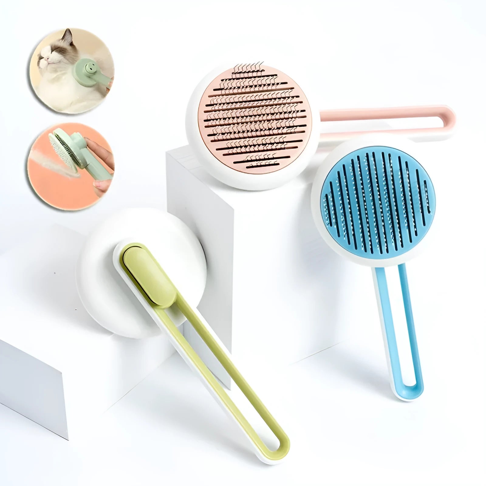 Automatic hair release pet grooming brush with stainless steel teeth in blue, green, or pink colours