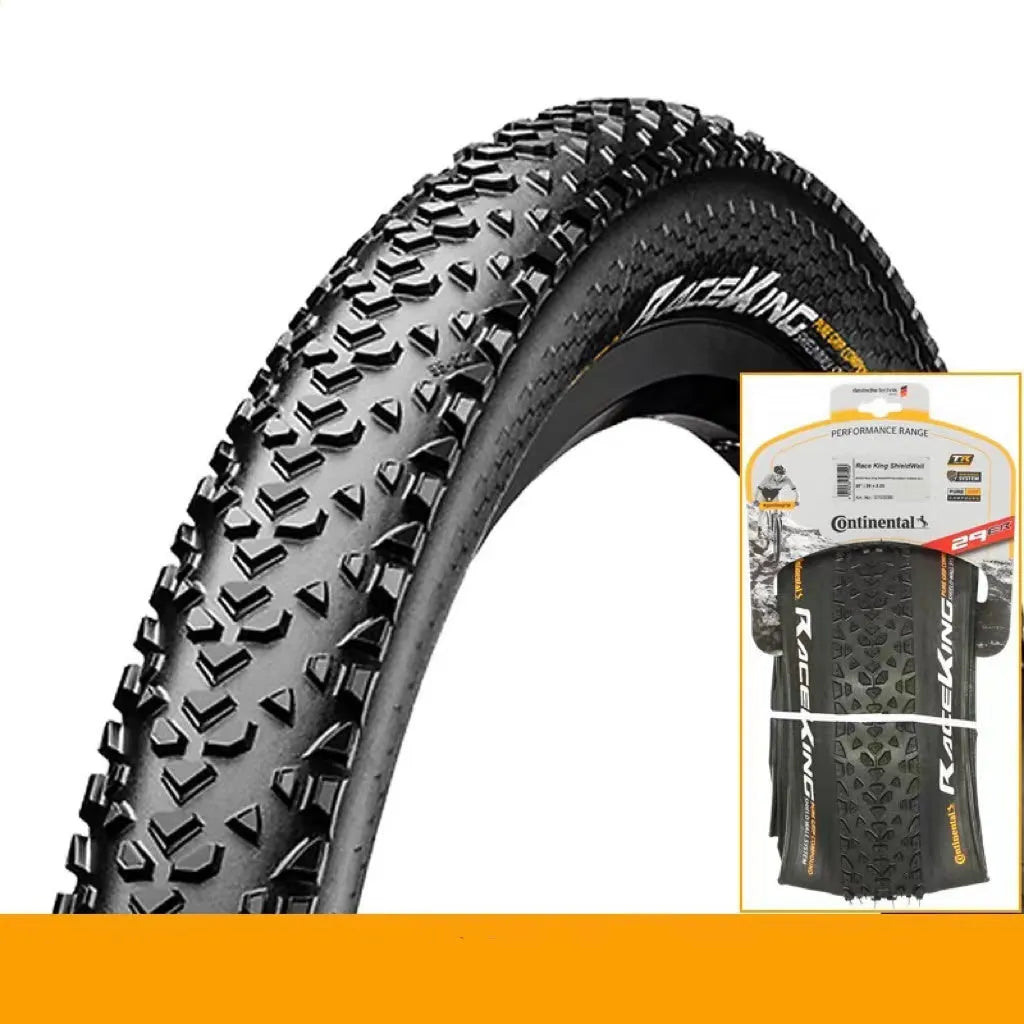Mountain bike tyre showing tread pattern, available in 26, 27.5 and 29-inch sizes with folding or wire bead.