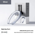 Silver grey hanging neck portable fan with a no-blade design and modern minimalist plastic case.