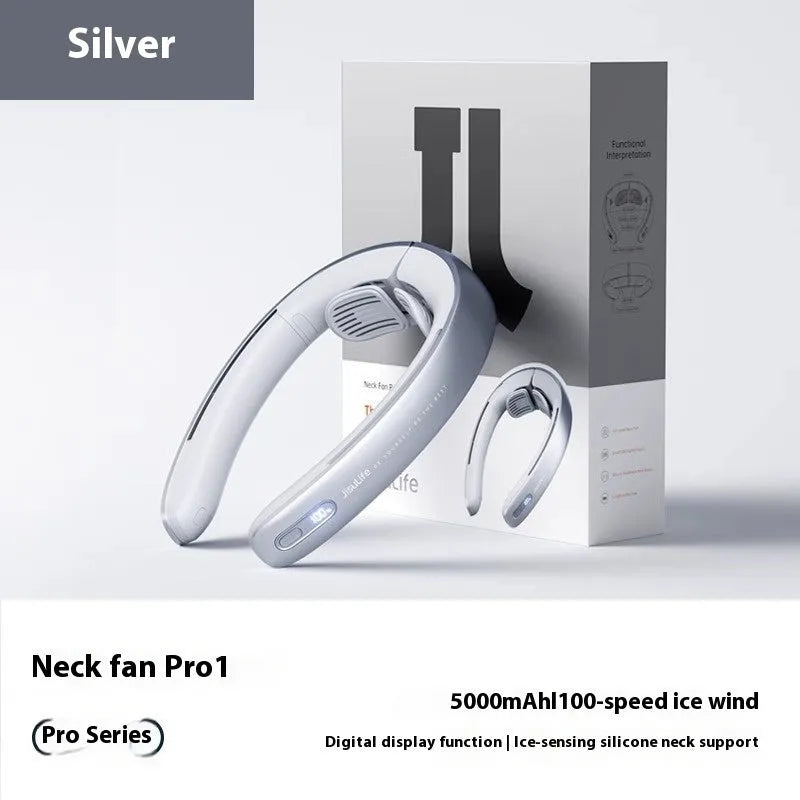 Silver grey hanging neck portable fan with a no-blade design and modern minimalist plastic case.