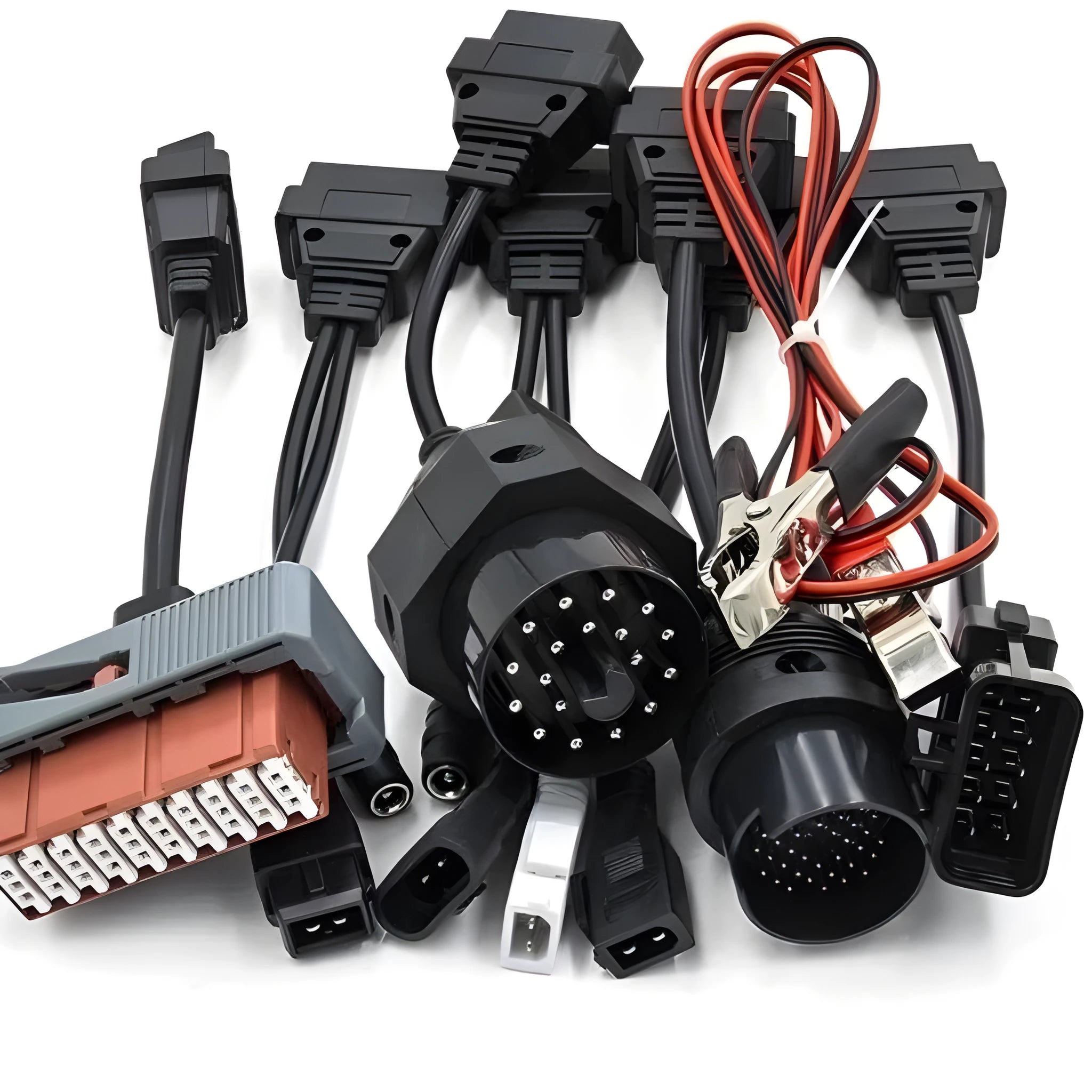 Set of eight auto wire car diagnostic cables for TCS tool on a light background