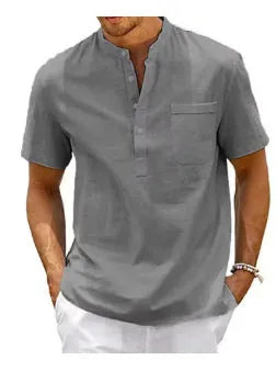 Men's solid colour stand collar short sleeve polo shirt in lightweight polyester fabric.