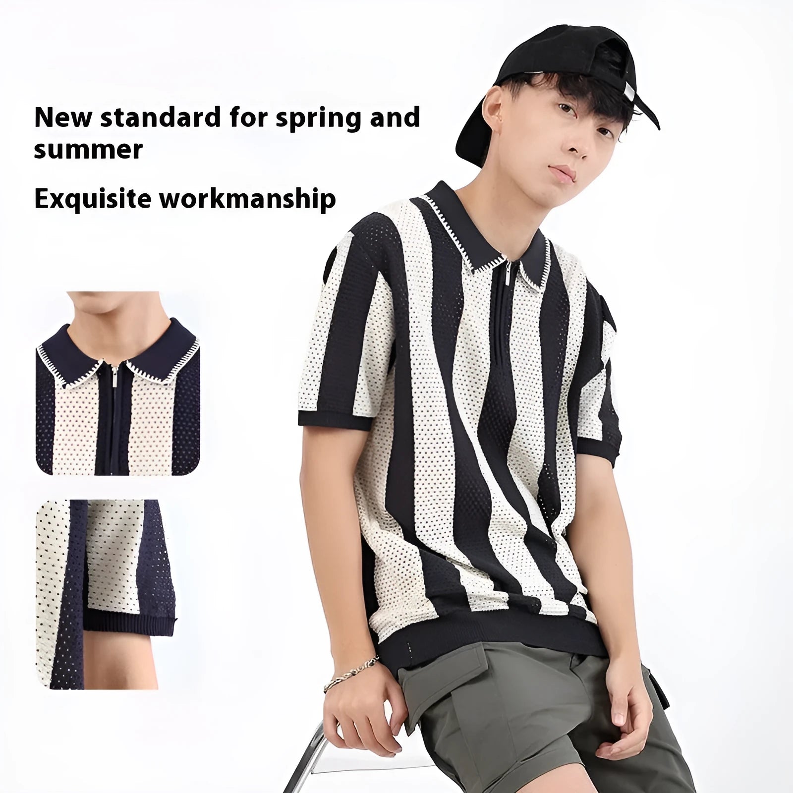 Man wearing a striped short sleeve ice silk sweater with a zipper detail.