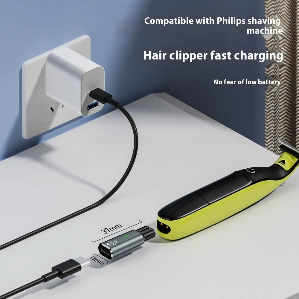 Black USB-C charging adapter for electric shaver with aluminium alloy case.